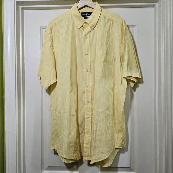 Ralph Lauren Men's Yellow White Stripe Short Slv Button Down Shirt Large No Logo - Picture 1 of 7